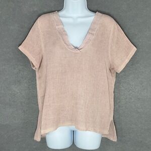 Tempo Paris Woven Linen Top V-Neck Blush Short Sleeve Blouse S/M Tunic Lagenlook